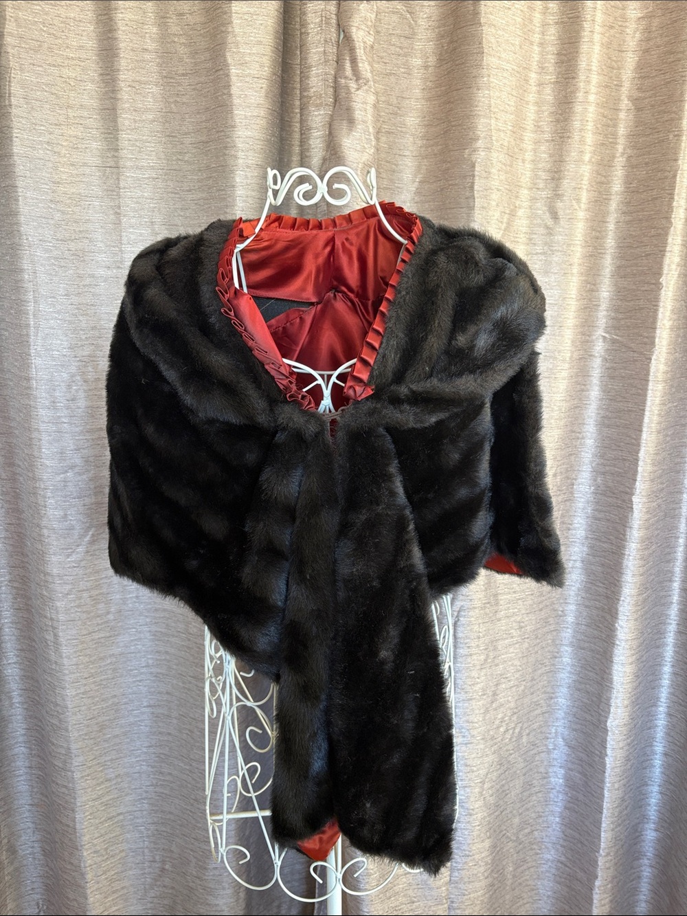 Luxury Black Faux Fur Shrug with Copper/Burnt RedSatin Lining